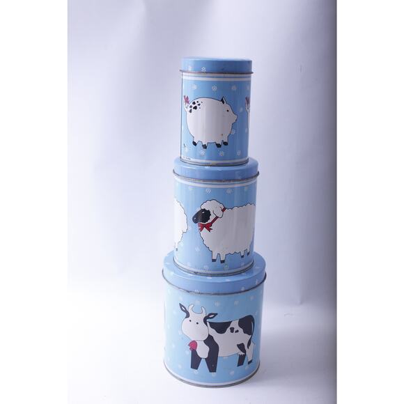 Country Farmhouse Blue Tin Canisters, Farm Animals, Set of Three, Food Storage, - Picture 1 of 3